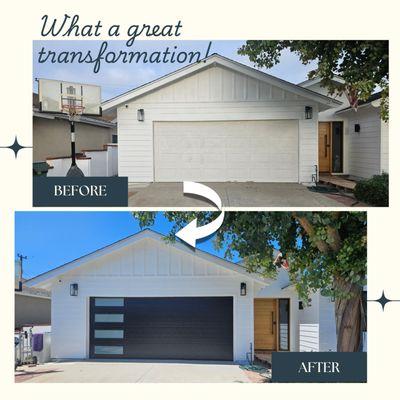 Check out this stunning modern black garage door with sleek white laminate windows in Huntington Beach. It's a real showstopper!