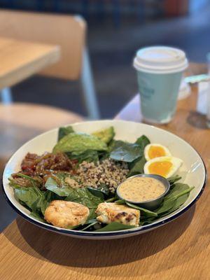 Fancy Farmer Bowl (Quinoa, spinach, 6-minute egg, bruleed goat cheese, red bell peppers, avocado, pear vinaigrette)