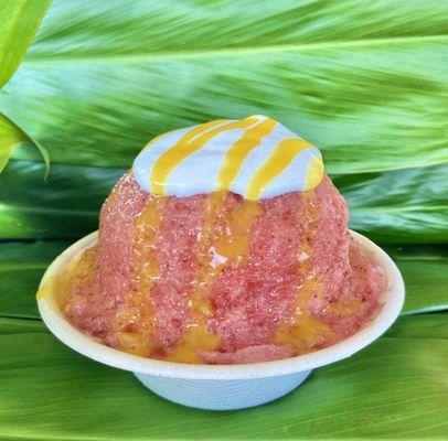 The Lava Flow - Strawberry shave ice topped with haupia coconut whip and drizzled with lilikoi butter