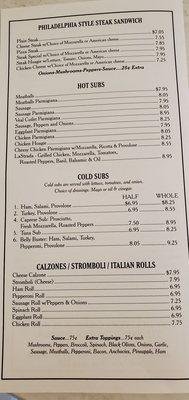 Menu subs/ calzone/strboli