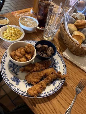 Three Samples, two sides, and Biscuits & Cornbread