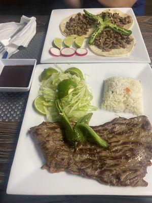 Carne Asada platter and steak tacos.