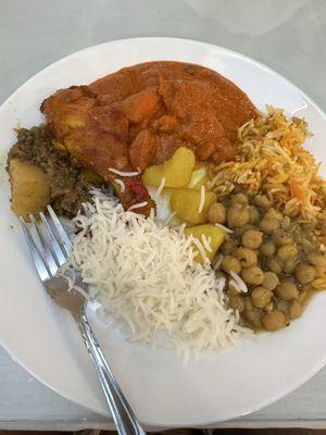 Butter chicken, chicken biryani, and chana masala