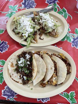 Tlacoyos in the back, plus a plate of tacos