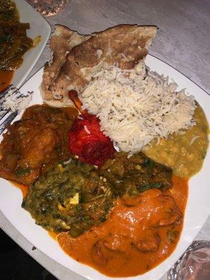 Yellow lentil, Chicken Tikka Masala, okra dish, Palak Paneer, Chicken Lollipop, Plain Naan/Roti, Fish Kadai