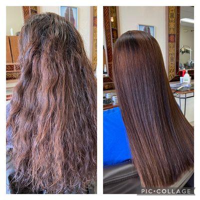 Before & after Japanese straightening at Cleo beauty salon