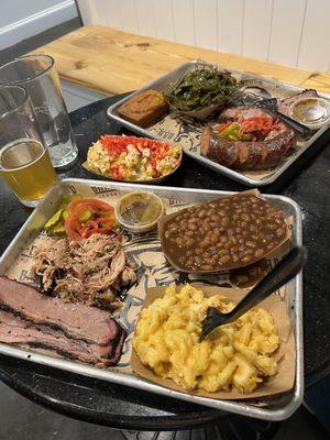 Two Meat platter with Collards, Christmas Beans, Smack&Cheese, Peggy's Corn and Cornbread.