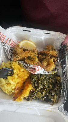 Fried Shrimp w/ greens and Mac