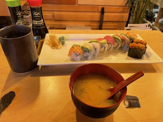 Rainbow roll, uni nigiri and miso soup.