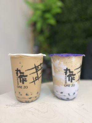 Hong Kong Style Milk Tea with sesame boba, taro fresh milk