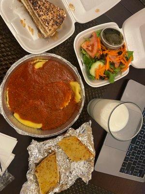 Cheese ravioli, red Marinara Sauce, Tiramisu, House Salad balsamic dressing and Garlic Bread (and my milk)