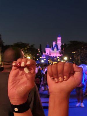 Gel mani with Disney designs both $37 per set. Hannah did the Mickey designs perfectly on Reiko's nails