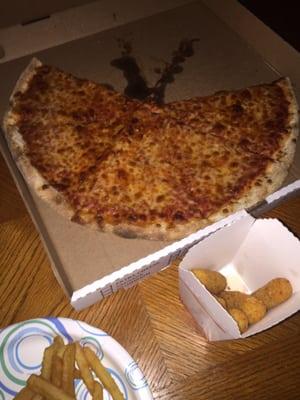 cheese pizza, miss sticks, fries