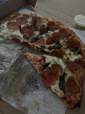 Create Your Own Pizza w/ pepp, spinach & cheese. Side of 2 oz. Garlic Parmesan Csauce