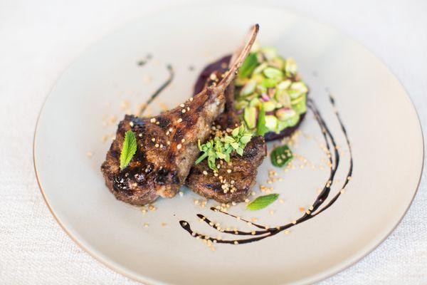 Sticky Pomegrante Lamb Chops with creamy pistachio and mint pesto