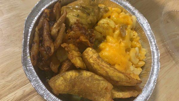 Plantains, Mac and cheese, curry chicken.