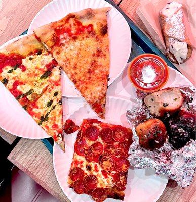 Margherita slice, classic cheese slice, pepperoni square, cannoli w/ classic cannoli cream, and garlic knots