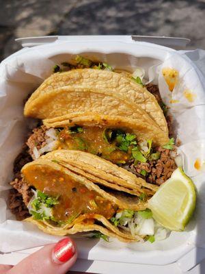 Steak tacos with hot salsa