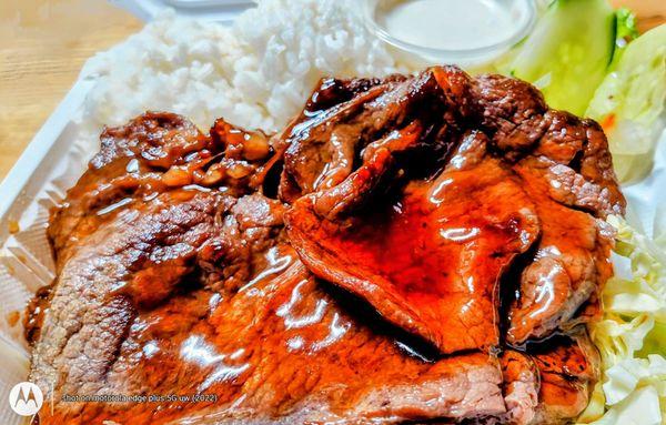 BBQ Beef w/ White Rice + Tossed Greens, Ranch Dressing.