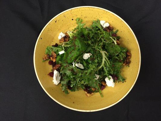 Spinach Frisee Quinoa Salad - Candied Walnuts, Goat Cheese, Dried Cranberries, with White Balsamic Lemon Vinaigrette.