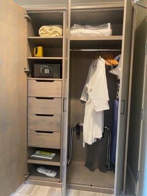 Efficient, compact closet space. They provide slippers and robes. Cute touch.