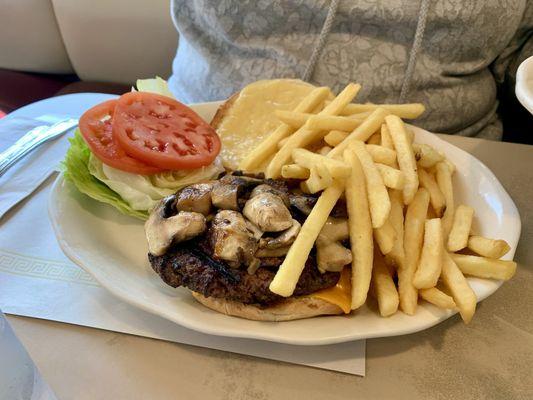 Swiss Burger Deluxe w/mushrooms & fries.   4.26.24