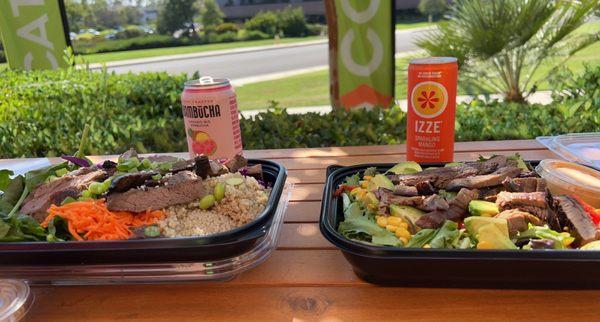 Ichiban Steak bowl (right), Ensenada Salad with steak (left)