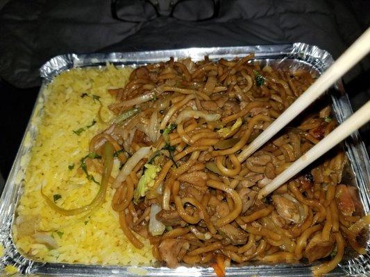 Chicken lo mein and pork fried rice.