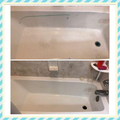 A before and after of a bath tub cleaning.