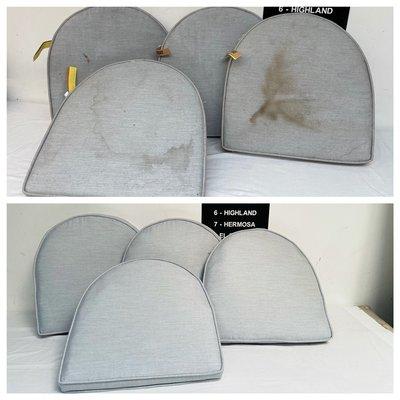 Before & After pics of patio cushions we've cleaned & stain proofed with great results. Mildew treated,Zippers replaced and tears fixed.