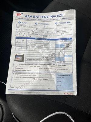 This is the invoice I received from the scammer AAA technician that put the wrong battery in my car.