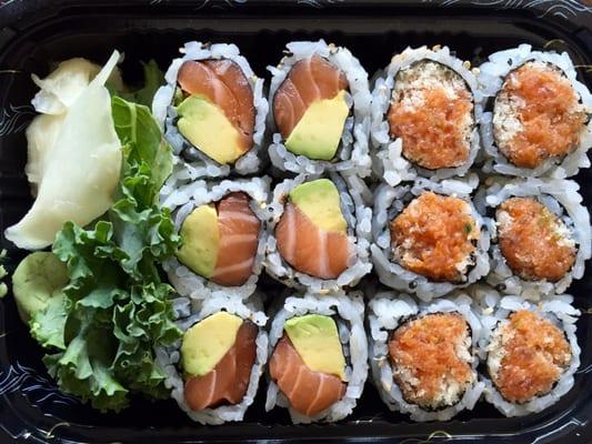 2 Roll Lunch Special to go. Salmon & Avocado and Spicy Tuna. Plus soup and salad. Tasty and under $10!