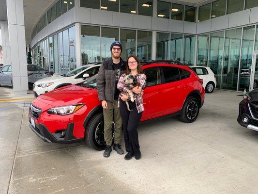 Picking up my new 2023 Subaru Crosstrek with my wife and our fur baby