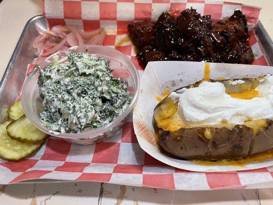 Beef Brisket Burnt Ends, Smoked Loaded Potato and Hale's Kale Coleslaw.