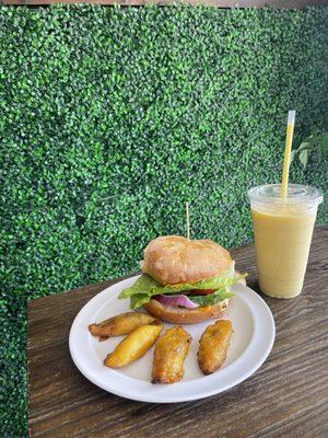 Green Goddess Sandwich, Man that's good Smoothie, & plantains