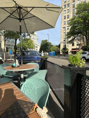 Patio seating with view of the capitol