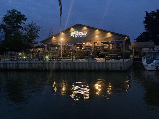 Chagrin Tavern and Hooker's Bar from the boat.  As you can see, with the slow service we missed the sunset.