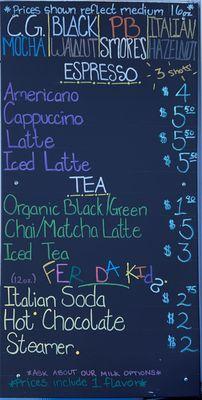 Our espresso menu featuring specialty drinks, common espresso drinks, teas, and beverages for the kids