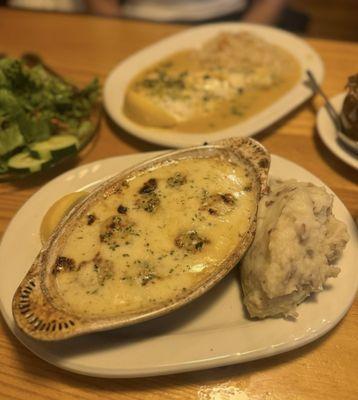 Haddock (requested piccata style), Maine scallops (requested scampi style) w/ side salad, mashed potatoes