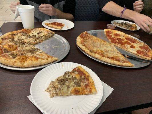 Philly pizza, cheese and pepperoni pizza.