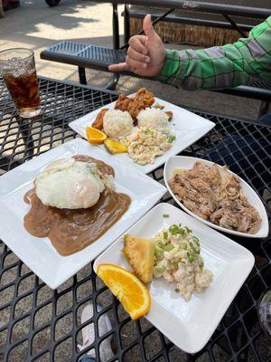 Loco Moko, Garlic Chicken Plate, Portland's Best Kalua Pork Plate, macaroni salad