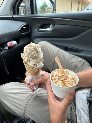 Waffle cone with Korean Cookie Dough and salted caramel. Dish with Egyptian Pyramid (salted caramel).