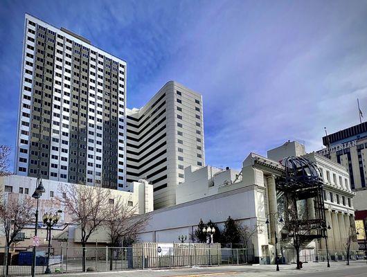 Two towers of Reno City Center with plaza area on Virginia Street.