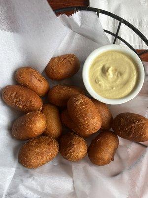 Mini Corn dogs with dijon mustard