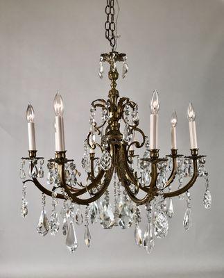 Circa 1920 French Bronze and Crystal Eight Light Chandelier