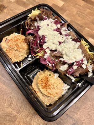 Hungry Platter with Basmati Rice Pilaf, Beef Gyro, Red Cabbage Slaw and Spicy Hummus