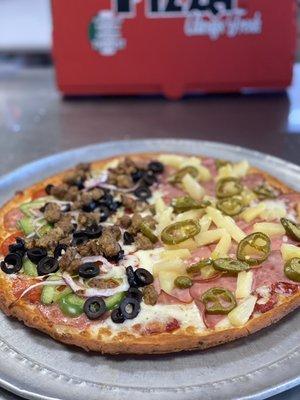 Thin Crust half Combo half Hawaiian with jalapeños