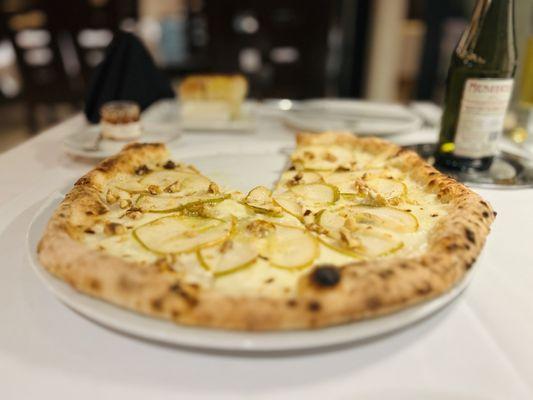 Pizza of the Month - parmigiano reggiano, mozzarella, gorgonzola, pear, walnut & honey