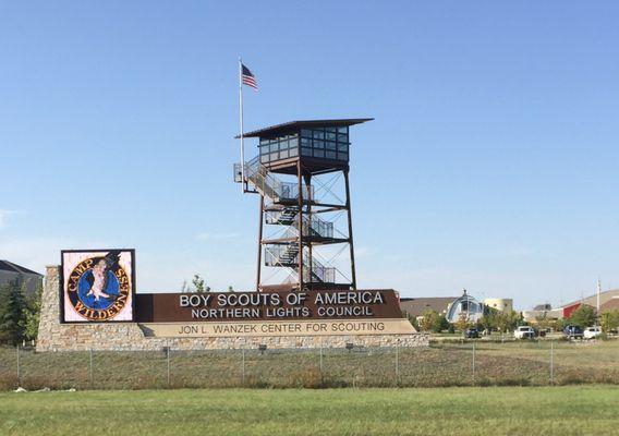 Observation tower and sign off Interstate 94 (the Center for Scouting is behind the sign)