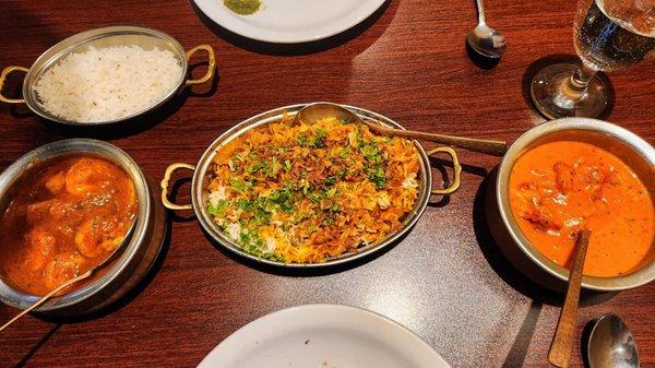 Shrimp Vindaloo, Chicken Biryani & Butter Chicken